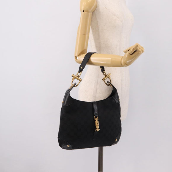 GUCCI GG Canvas New Jackie Shoulder Bag Black Gold 120888 Auth BA15834V