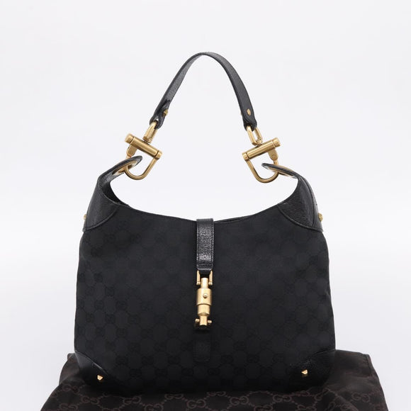 GUCCI GG Canvas New Jackie Shoulder Bag Black Gold 120888 Auth BA15834V