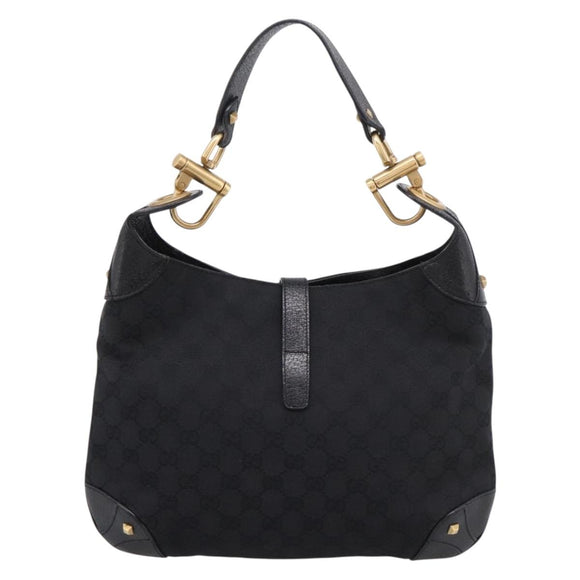 GUCCI GG Canvas New Jackie Shoulder Bag Black Gold 120888 Auth BA15834V