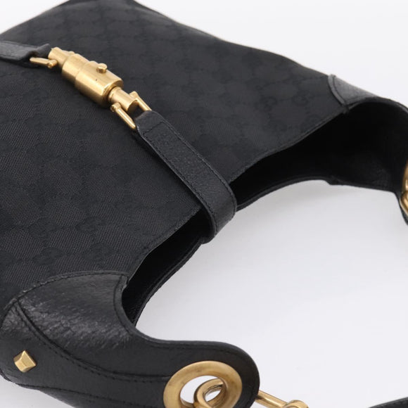 GUCCI GG Canvas New Jackie Shoulder Bag Black Gold 120888 Auth BA15834V