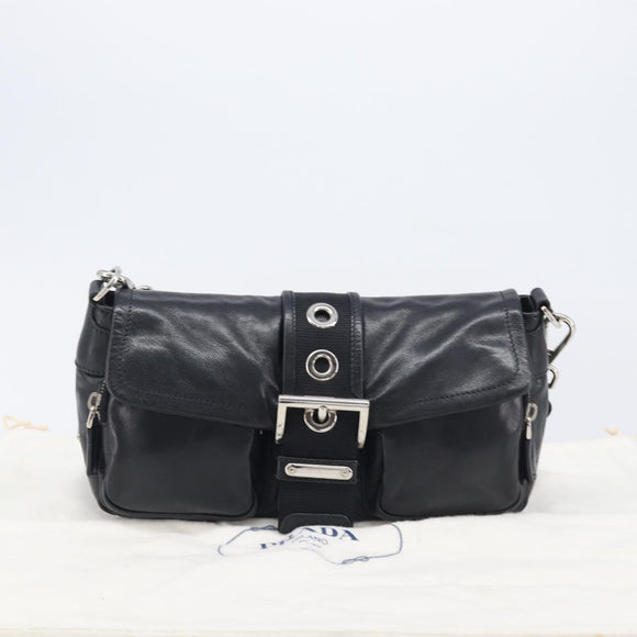 PRADA Shoulder Bag Leather Black Silver Auth BA15835V