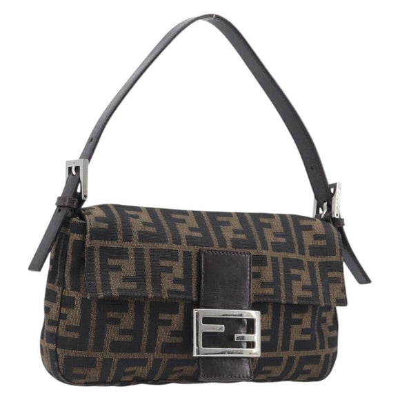 FENDI Zucca Canvas Mamma Baguette Shoulder Bag Black Brown 26424 Auth BA15836V