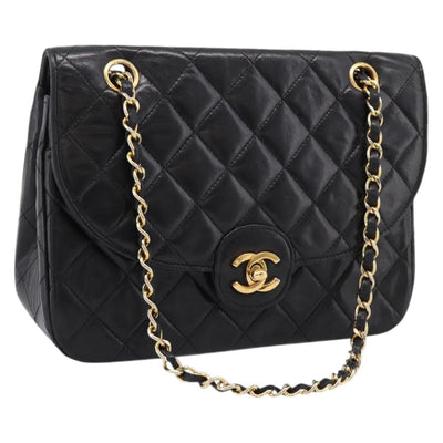 CHANEL Matelasse Chain Shoulder Bag Lamb Skin Black Gold CC Auth BA15838M