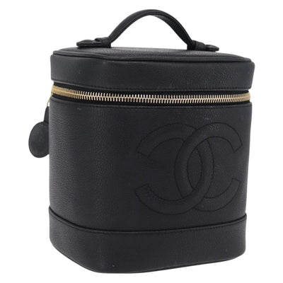 CHANEL Vanity Hand Bag Caviar Skin Black Gold CC Auth BA15842V