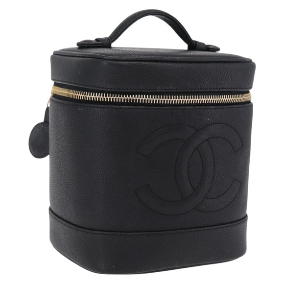 CHANEL Vanity Hand Bag Caviar Skin Black Gold CC Auth BA15842V