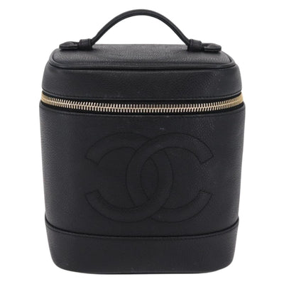 CHANEL Vanity Hand Bag Caviar Skin Black Gold CC Auth BA15842V - 0