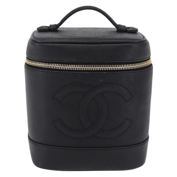 CHANEL Vanity Hand Bag Caviar Skin Black Gold CC Auth BA15842V
