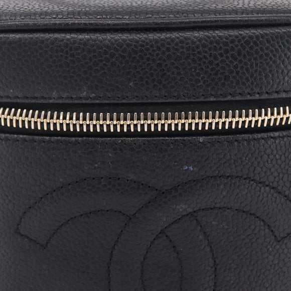 CHANEL Vanity Hand Bag Caviar Skin Black Gold CC Auth BA15842V