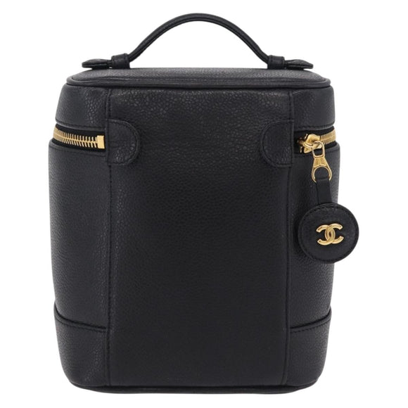 CHANEL Vanity Hand Bag Caviar Skin Black Gold CC Auth BA15842V