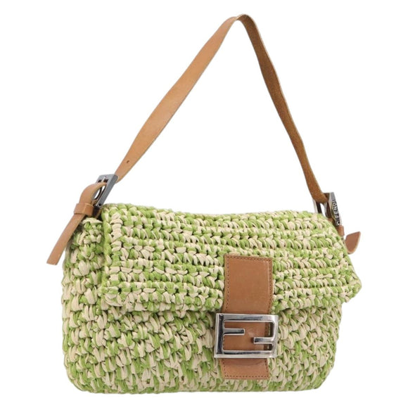 FENDI Mamma Baguette Shoulder Bag straw Green Silver Auth BA15846SAV