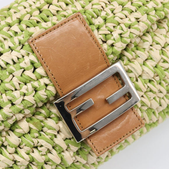 FENDI Mamma Baguette Shoulder Bag straw Green Silver Auth BA15846SAV