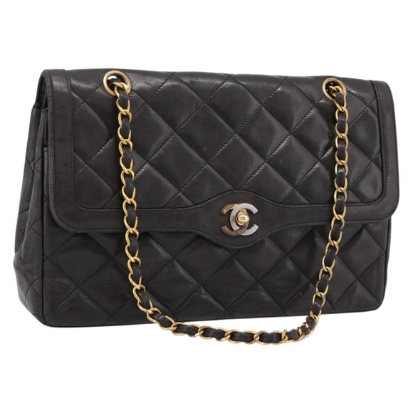 CHANEL Matelasse Chain Shoulder Bag Lamb Skin Black Gold CC Auth BA15847V