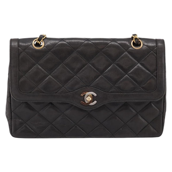 CHANEL Matelasse Chain Shoulder Bag Lamb Skin Black Gold CC Auth BA15847V