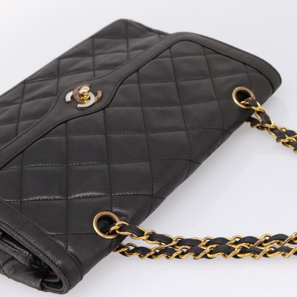CHANEL Matelasse Chain Shoulder Bag Lamb Skin Black Gold CC Auth BA15847V