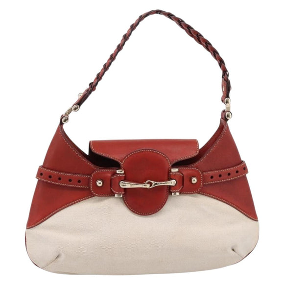 GUCCI Horsebit Shoulder Bag Canvas Ivory Gold 137592 Auth BA15852A