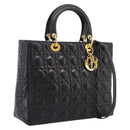Christian Dior Canage Lady Dior Hand Bag Lamb Skin 2way Black Gold Auth BA15853A-1