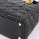 Christian Dior Canage Lady Dior Hand Bag Lamb Skin 2way Black Gold Auth BA15853A-12
