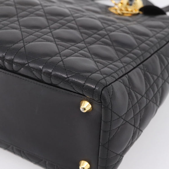 Christian Dior Canage Lady Dior Hand Bag Lamb Skin 2way Black Gold Auth BA15853A