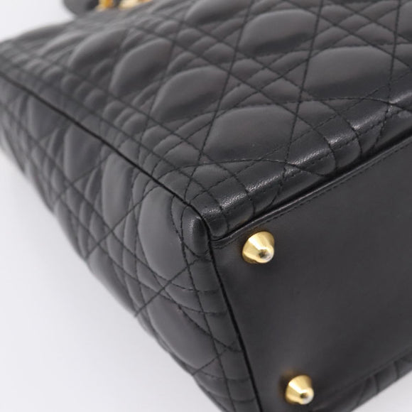 Christian Dior Canage Lady Dior Hand Bag Lamb Skin 2way Black Gold Auth BA15853A
