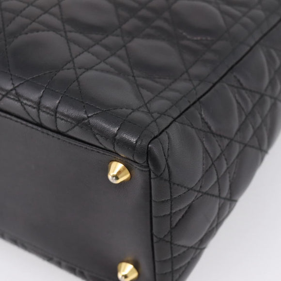 Christian Dior Canage Lady Dior Hand Bag Lamb Skin 2way Black Gold Auth BA15853A