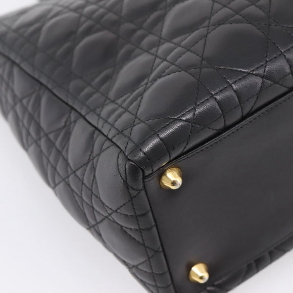 Christian Dior Canage Lady Dior Hand Bag Lamb Skin 2way Black Gold Auth BA15853A