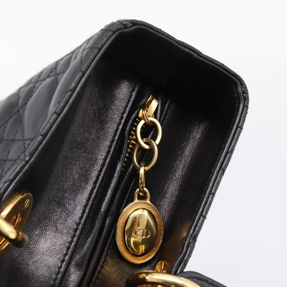 Christian Dior Canage Lady Dior Hand Bag Lamb Skin 2way Black Gold Auth BA15853A