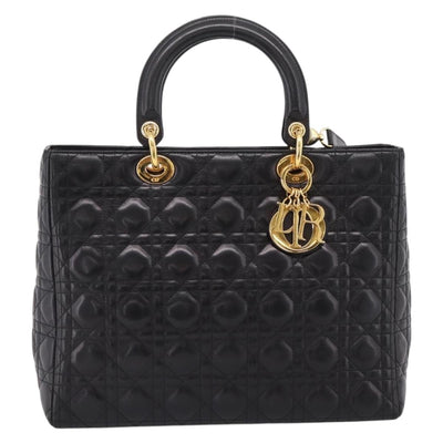 Christian Dior Canage Lady Dior Hand Bag Lamb Skin 2way Black Gold Auth BA15853A - 0