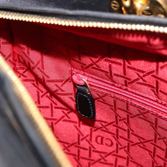 Christian Dior Canage Lady Dior Hand Bag Lamb Skin 2way Black Gold Auth BA15853A