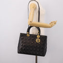 Christian Dior Canage Lady Dior Hand Bag Lamb Skin 2way Black Gold Auth BA15853A-25