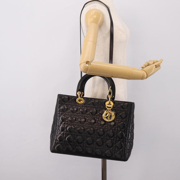 Christian Dior Canage Lady Dior Hand Bag Lamb Skin 2way Black Gold Auth BA15853A