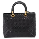 Christian Dior Canage Lady Dior Hand Bag Lamb Skin 2way Black Gold Auth BA15853A-3
