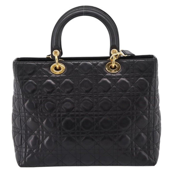 Christian Dior Canage Lady Dior Hand Bag Lamb Skin 2way Black Gold Auth BA15853A
