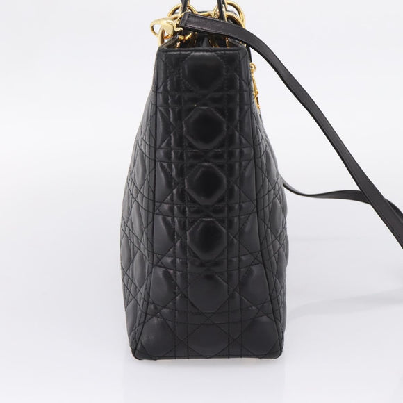 Christian Dior Canage Lady Dior Hand Bag Lamb Skin 2way Black Gold Auth BA15853A
