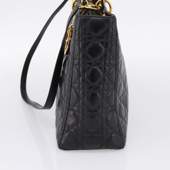 Christian Dior Canage Lady Dior Hand Bag Lamb Skin 2way Black Gold Auth BA15853A