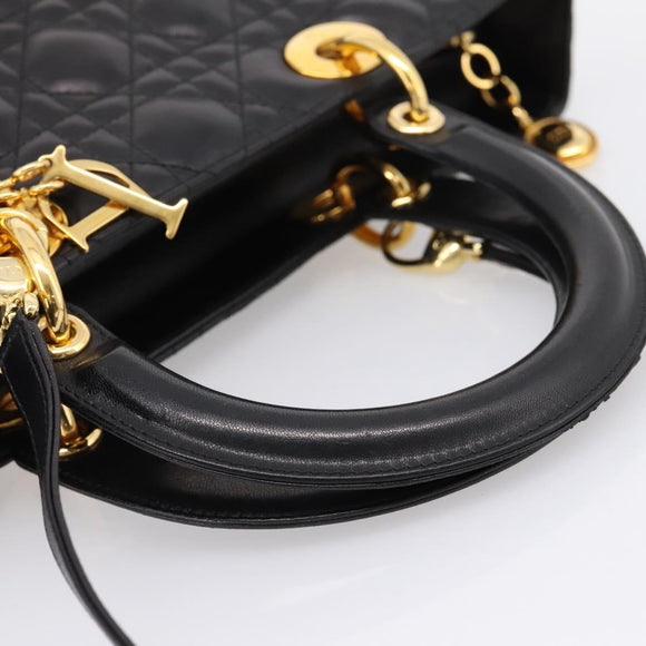 Christian Dior Canage Lady Dior Hand Bag Lamb Skin 2way Black Gold Auth BA15853A