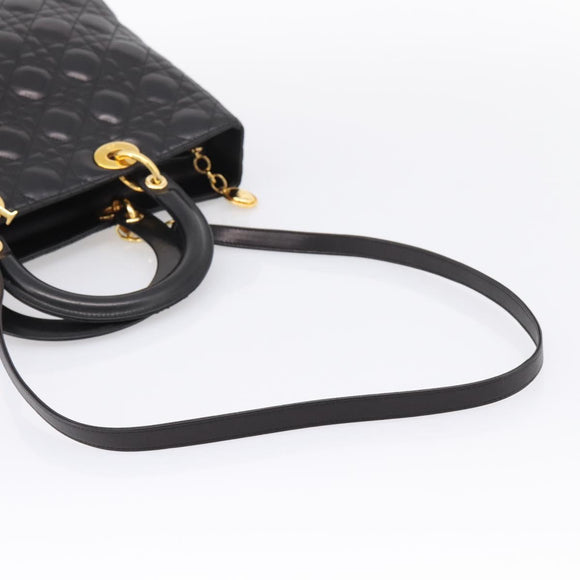 Christian Dior Canage Lady Dior Hand Bag Lamb Skin 2way Black Gold Auth BA15853A
