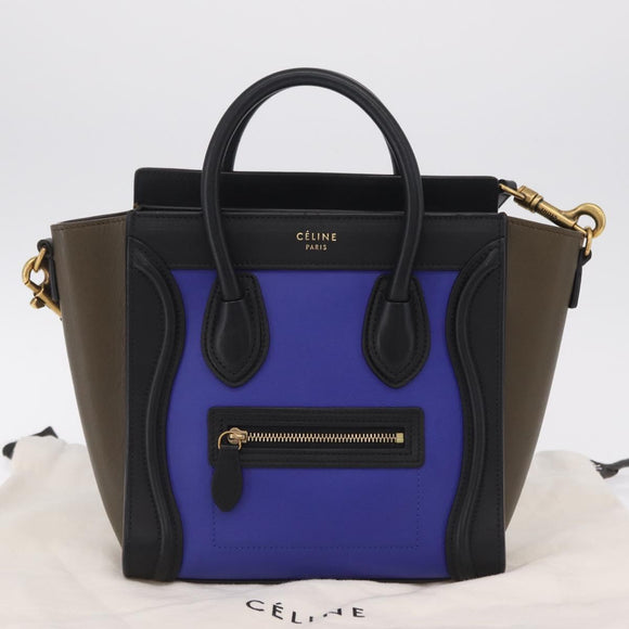 CELINE Luggage Nano Hand Bag Leather 2way Blue Gold Auth BA15855M