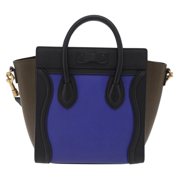 CELINE Luggage Nano Hand Bag Leather 2way Blue Gold Auth BA15855M