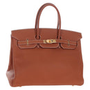 HERMES Birkin 35 Hand Bag Taurillon Leather Brown Gold Auth BA15860SM-1