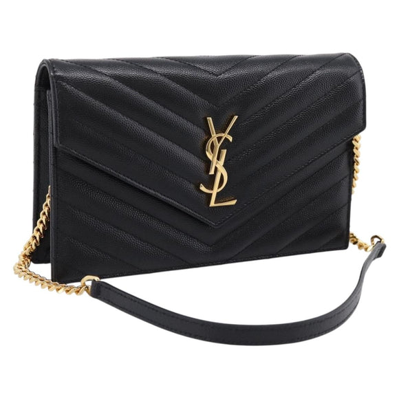 Saint Laurent Chain Shoulder Bag Leather Black Gold Auth BA15862M