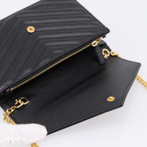 Saint Laurent Chain Shoulder Bag Leather Black Gold Auth BA15862M