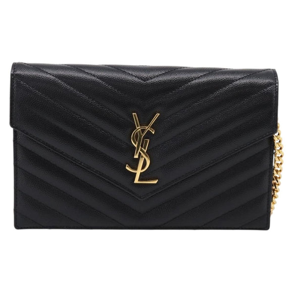 Saint Laurent Chain Shoulder Bag Leather Black Gold Auth BA15862M