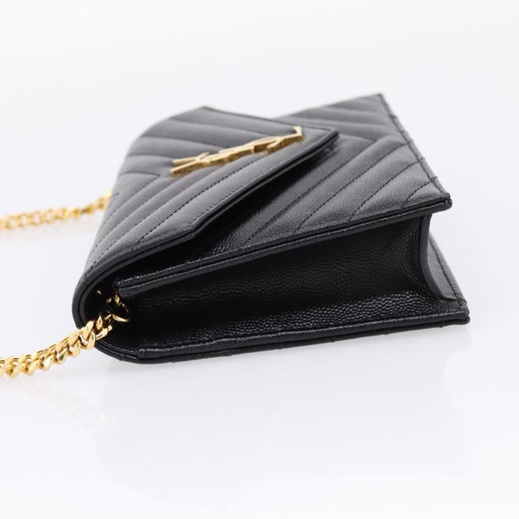 Saint Laurent Chain Shoulder Bag Leather Black Gold Auth BA15862M
