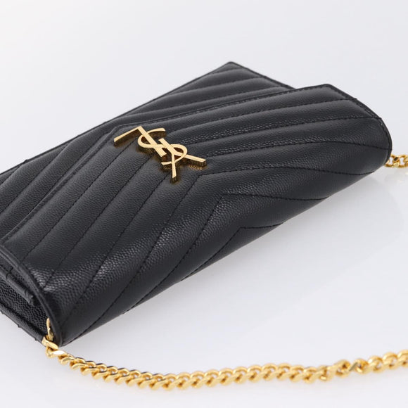 Saint Laurent Chain Shoulder Bag Leather Black Gold Auth BA15862M