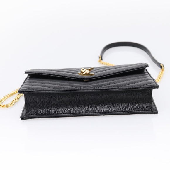 Saint Laurent Chain Shoulder Bag Leather Black Gold Auth BA15862M