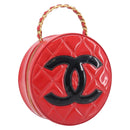 CHANEL Matelasse Round Vanity Hand Bag Patent leather Red Gold CC Auth BA15864SM-1