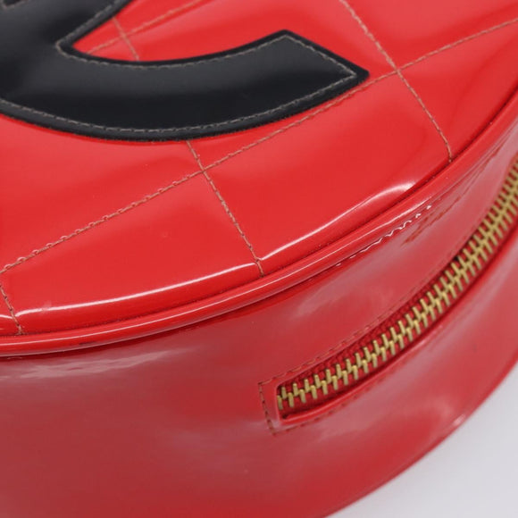 CHANEL Matelasse Round Vanity Hand Bag Patent leather Red Gold CC Auth BA15864SM