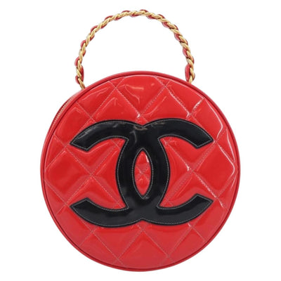 CHANEL Matelasse Round Vanity Hand Bag Patent leather Red Gold CC Auth BA15864SM - 0