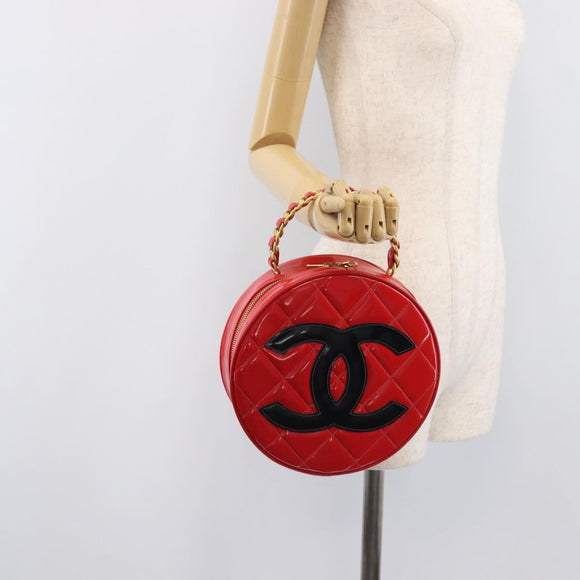CHANEL Matelasse Round Vanity Hand Bag Patent leather Red Gold CC Auth BA15864SM
