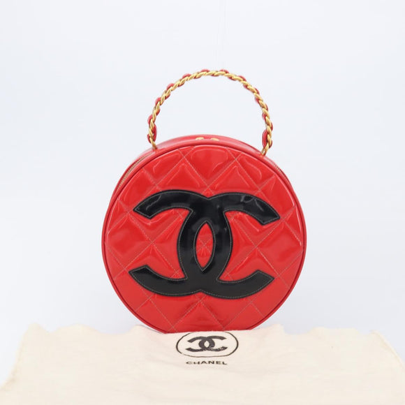 CHANEL Matelasse Round Vanity Hand Bag Patent leather Red Gold CC Auth BA15864SM